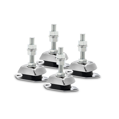 Novibrasyon Marin set of 4 stainless steel marine engine mounts with black rubber vibration dampeners and threaded studs.