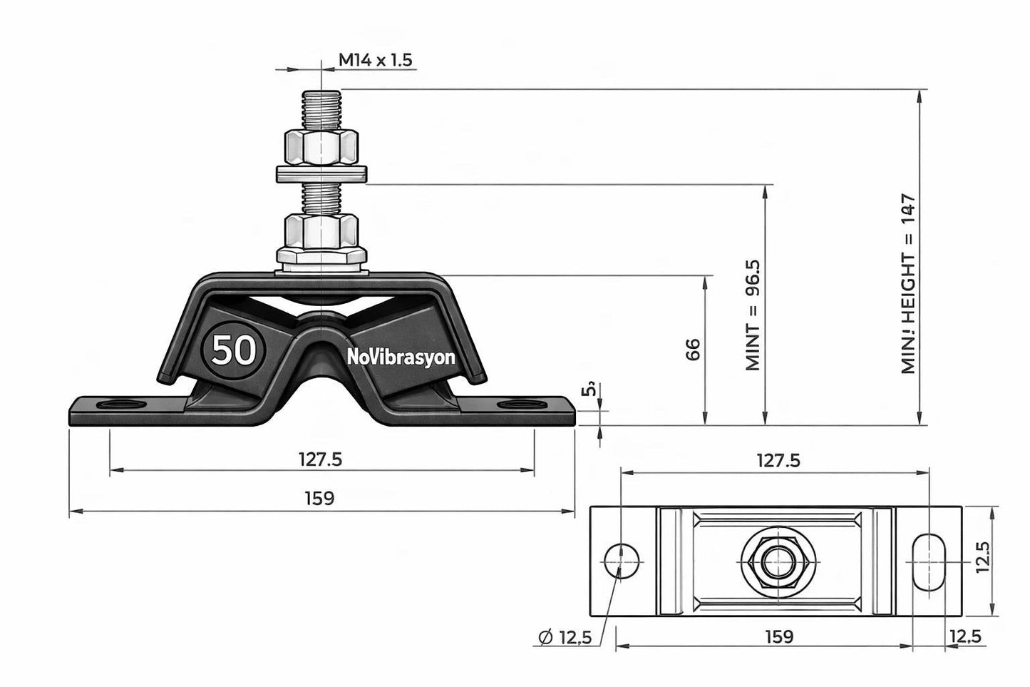 Novibrasyon Marin Yanmar 1GM front motor mount, 50kg capacity, black rubber and metal construction with dimensions.