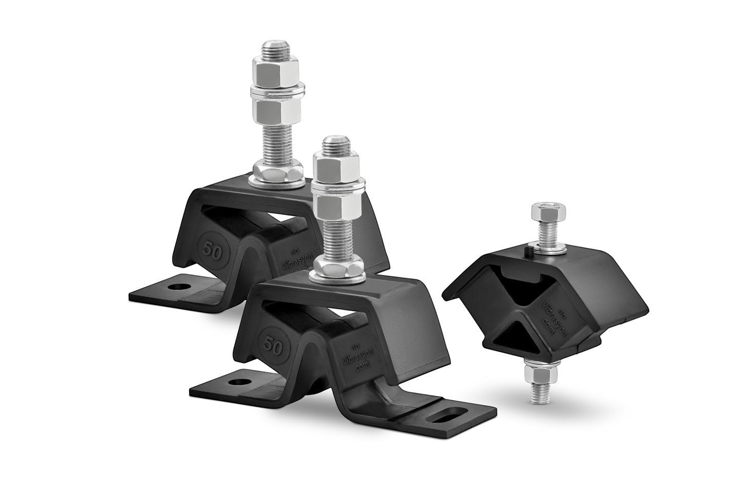 Novibrasyon Marin engine mount set for Yanmar 1GM10 Saildrive. Black rubber with metal bolts and nuts.
