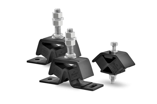 Novibrasyon Marin engine mount set for Yanmar 1GM10 Saildrive. Black rubber with metal bolts and nuts.