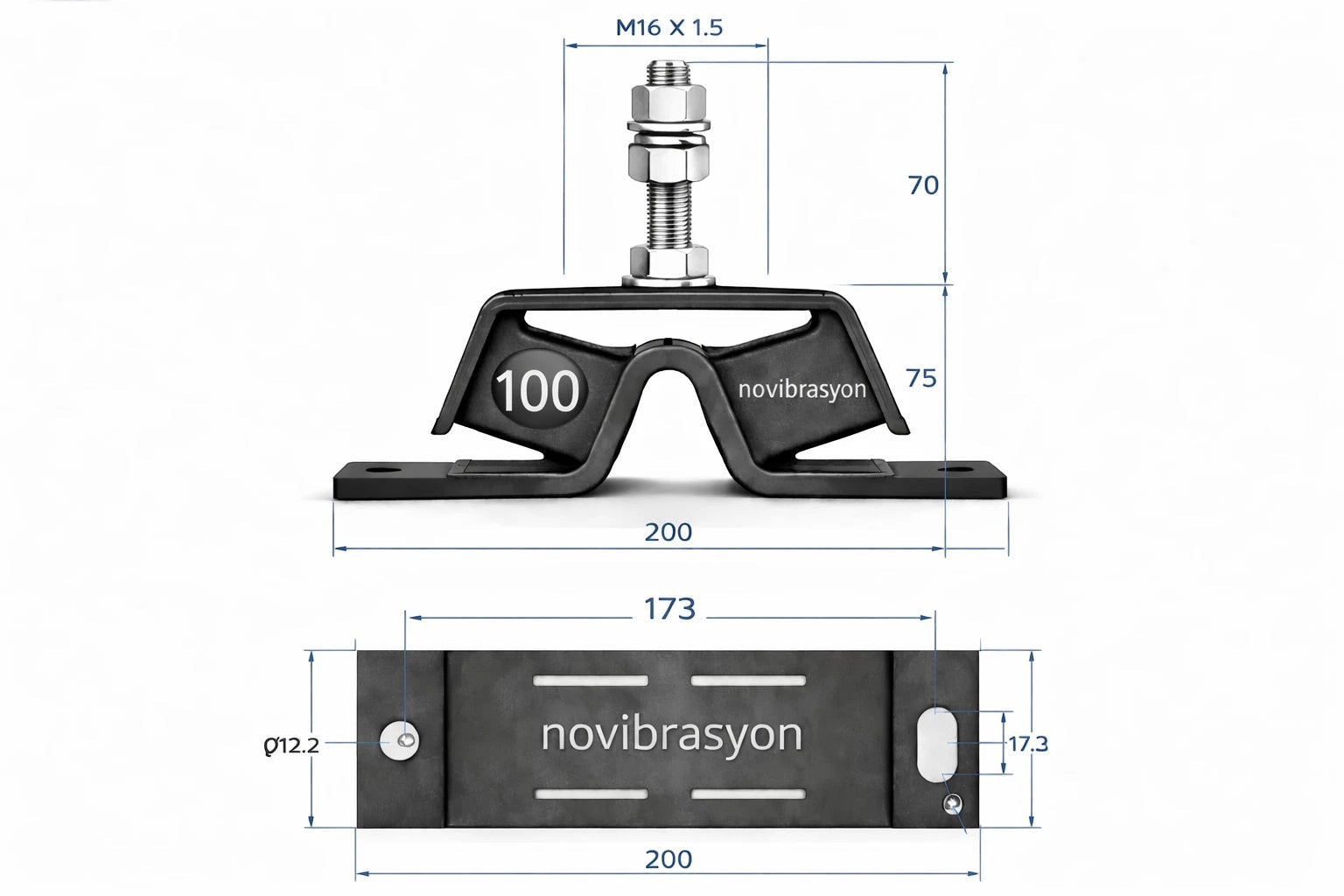Novibrasyon Marin heavy-duty galvanized steel engine mount with rubber-metal bonding, designed for Yanmar 3QM and 3JH engines. Features a #100 rating.