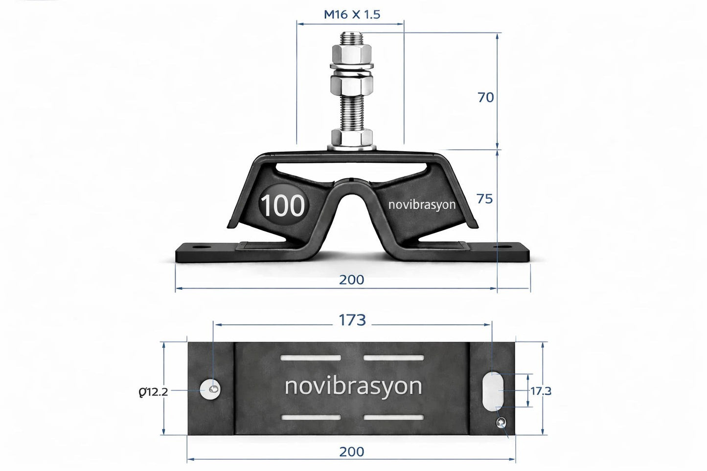 Novibrasyon Marin black steel engine mount #100 for Yanmar 2GM-3GM-3HM engines with dimensions shown.