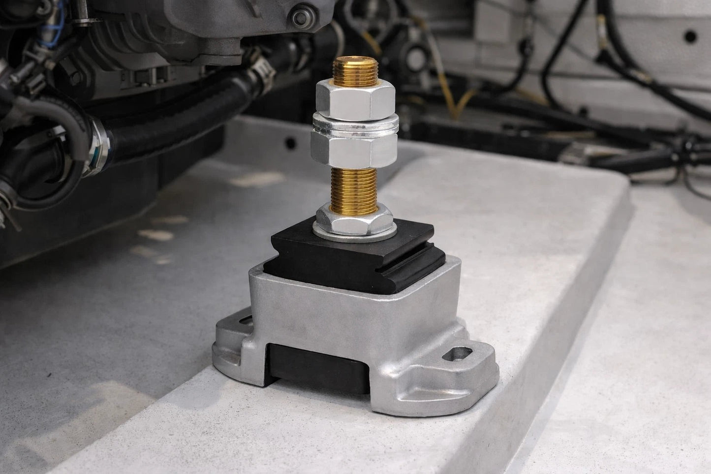 Novibrasyon Marin engine mount with aluminum body, black rubber isolator, and gold threaded stud. Replaces Yanmar 119773-08310.