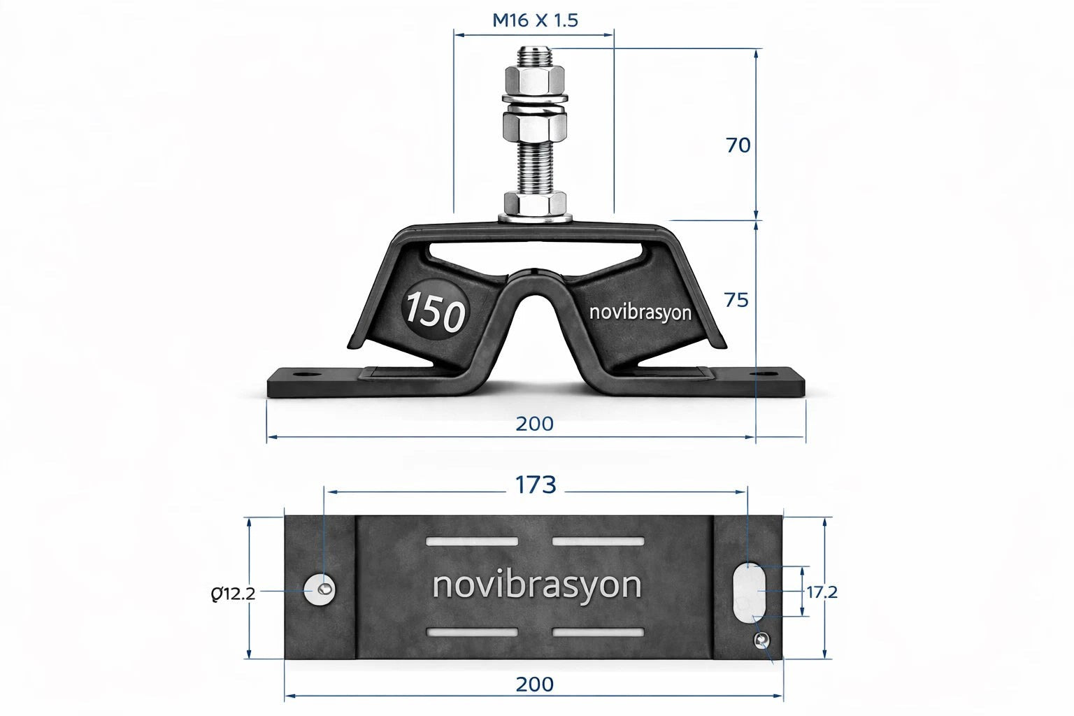 Novibrasyon Marin black steel and rubber engine mount for Yanmar 4JH series, #150 designation.