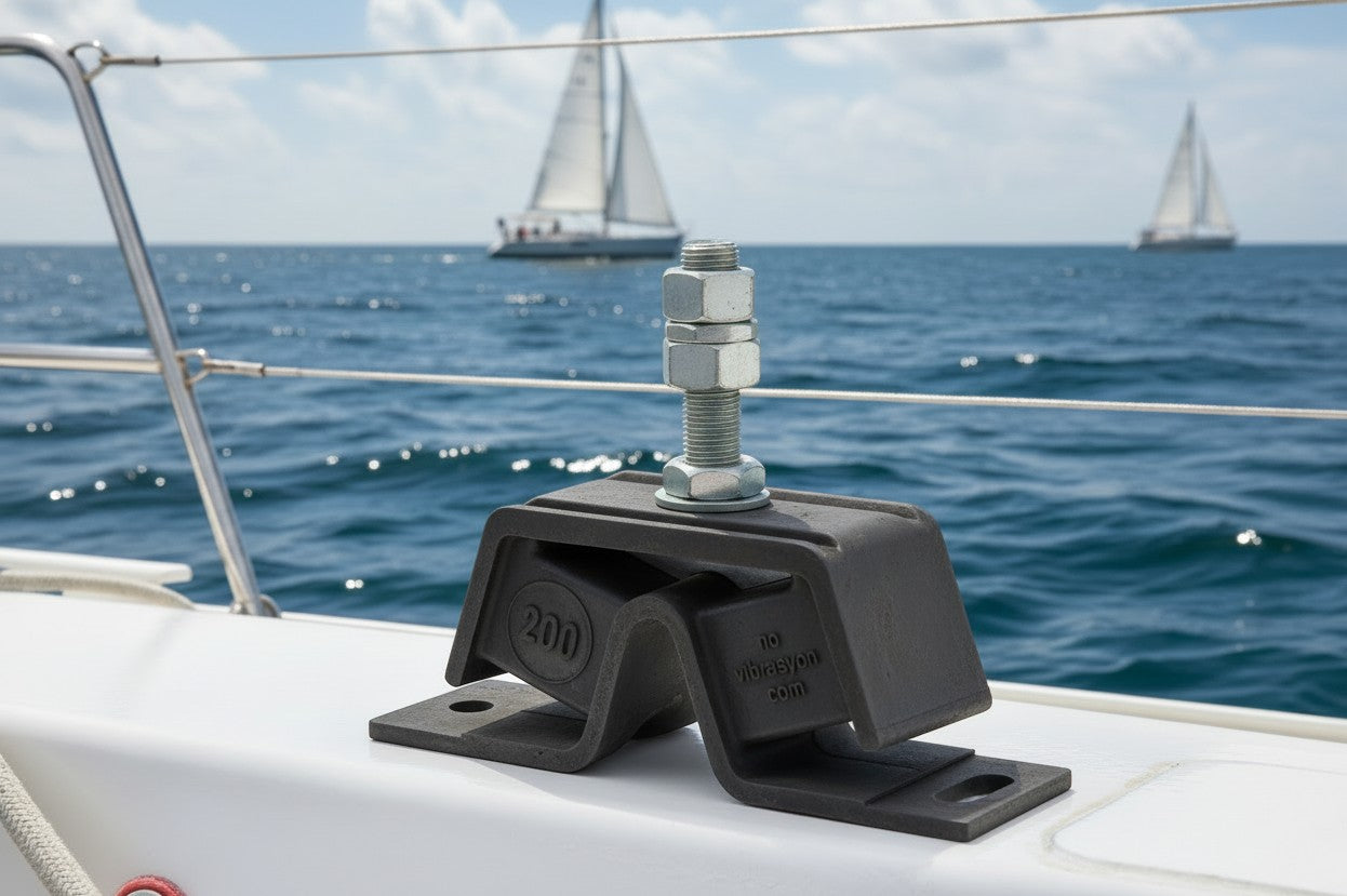 Novibrasyon Marin black rubber engine mount with metal bolt and nuts, for Yanmar 4JH series marine engines.