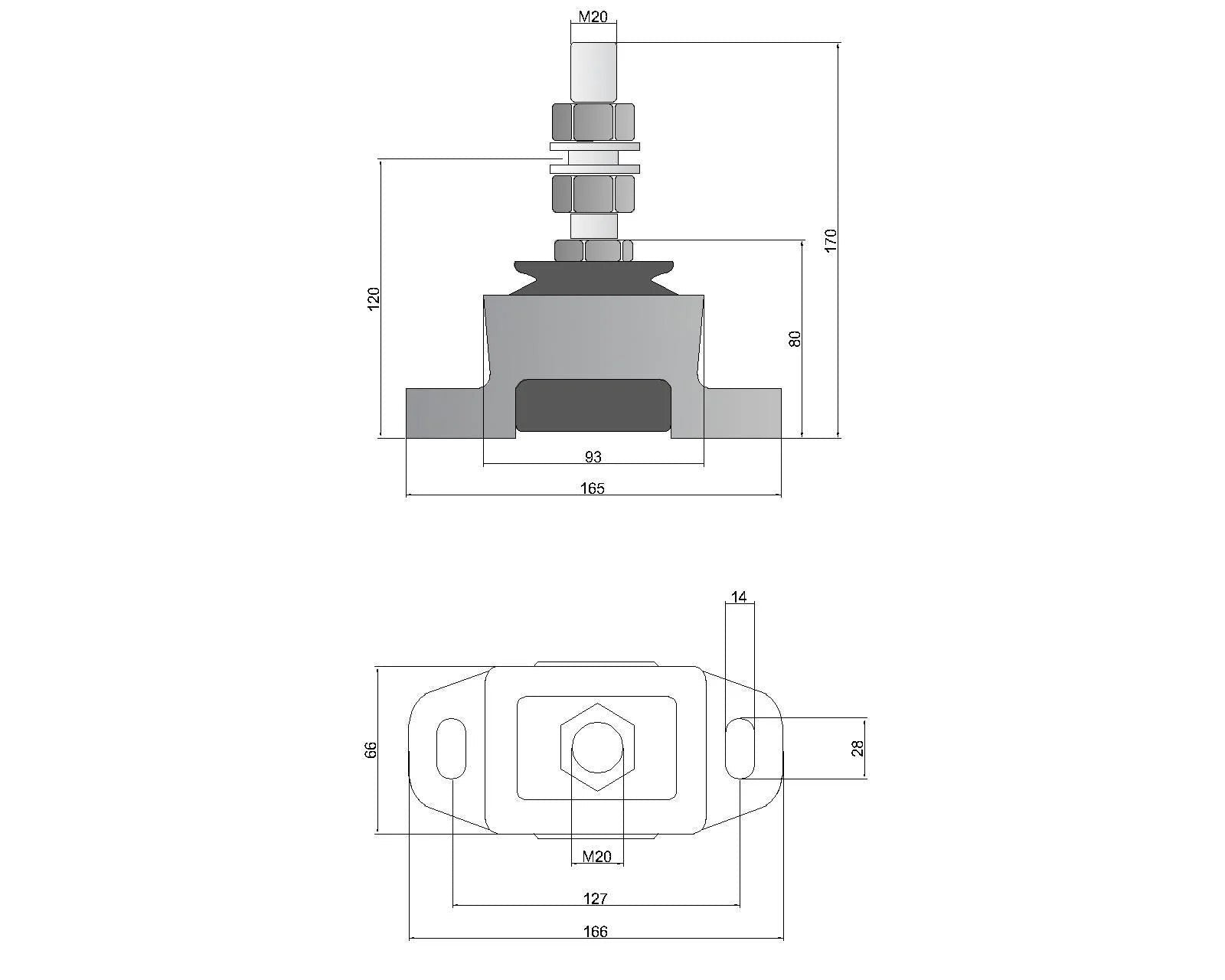 Novibrasyon Marin engine mount for Yanmar 4LHA-HTP/DTP/STP engines. Gray rubber and aluminum construction with M20 threaded stud.