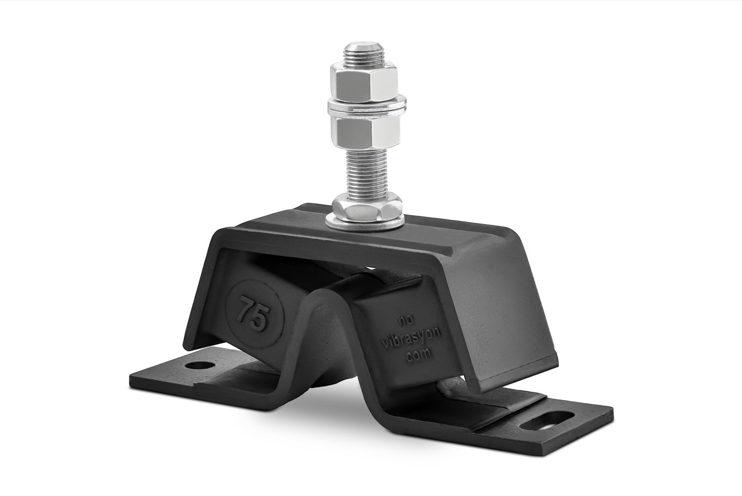 Novibrasyon Marin #75 rear engine mount for Yanmar 2GM, 2YM, 3GM, 3YM engines. Black rubber and galvanized steel construction.