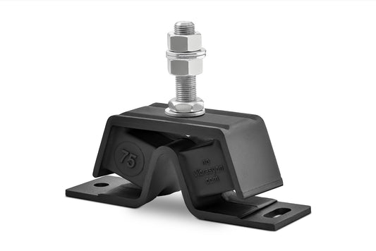 Novibrasyon Marin #75 rear engine mount for Yanmar 2GM, 2YM, 3GM, 3YM engines. Black rubber and galvanized steel construction.