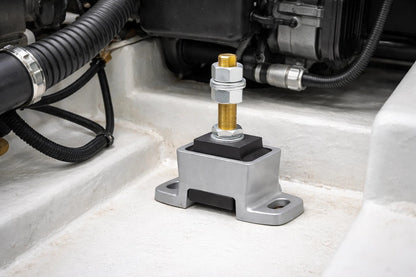 Novibrasyon Marin engine mount for Yanmar 4LHA-STE, 4LHA-HTP, 4LHA-DTP, 4LHA-STP engines. Silver aluminum base with black rubber vibration dampener and gold threaded bolt.