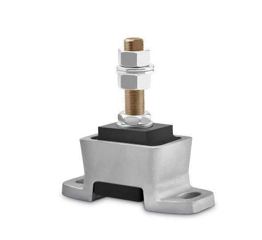Novibrasyon Marin marine engine mount for Yanmar 4LHA series. Silver aluminum base with black rubber insulator and threaded bolt with nuts.