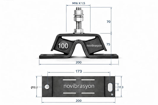 Novibrasyon Marin engine mount for Yanmar saildrive engines, featuring rubber and metal construction with M16 bolt.