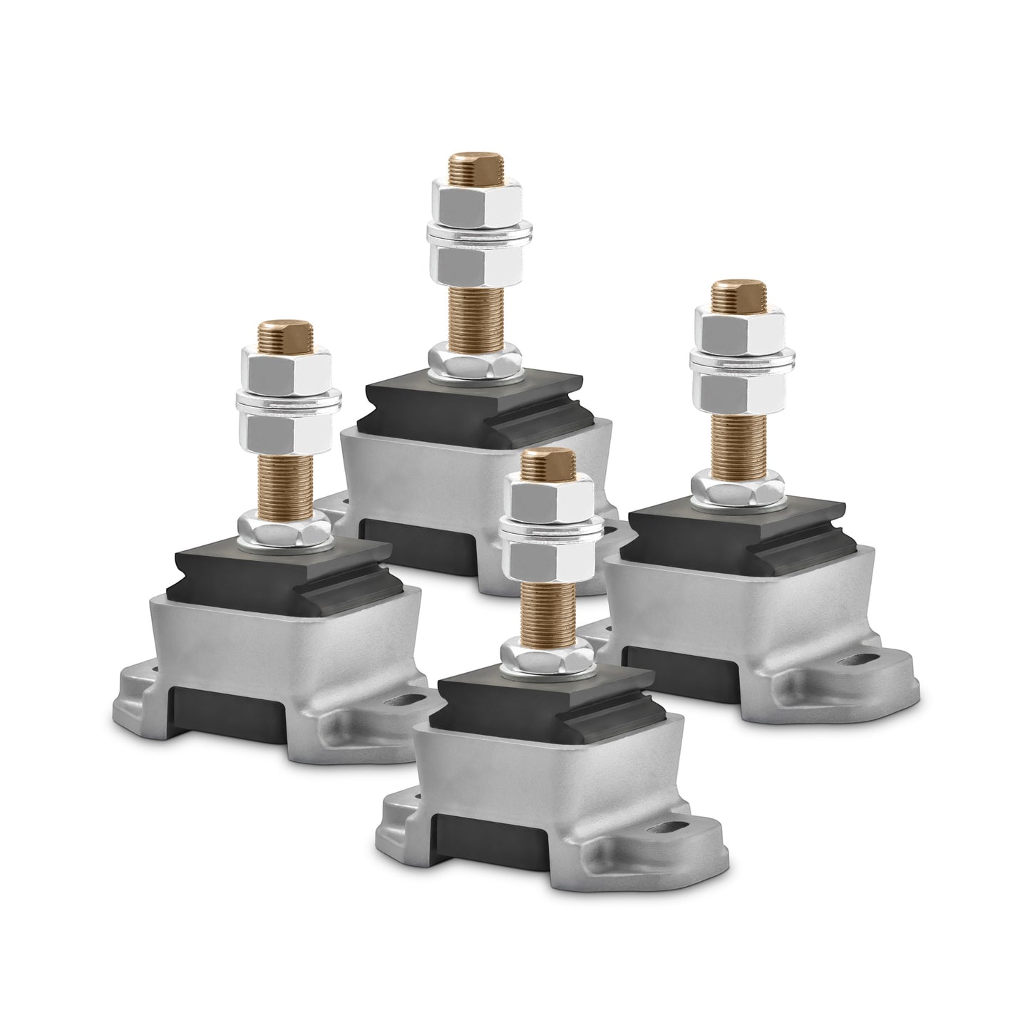 Novibrasyon Marin 4-piece engine mount set for Yanmar 6LY-6LPA engines. Silver aluminum base, black rubber isolator, and gold bolt with nuts.