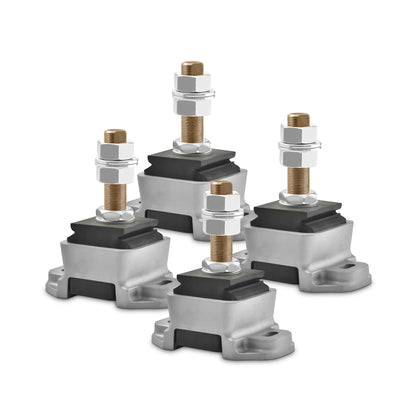 Novibrasyon Marin 4-piece engine mount set for Yanmar 6LY-6LPA engines. Silver aluminum base, black rubber isolator, and gold bolt with nuts.