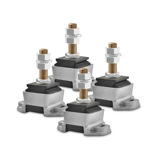 Novibrasyon Marin 4-piece engine mount set for Yanmar 6LY-6LPA engines. Silver aluminum base, black rubber isolator, and gold bolt with nuts.