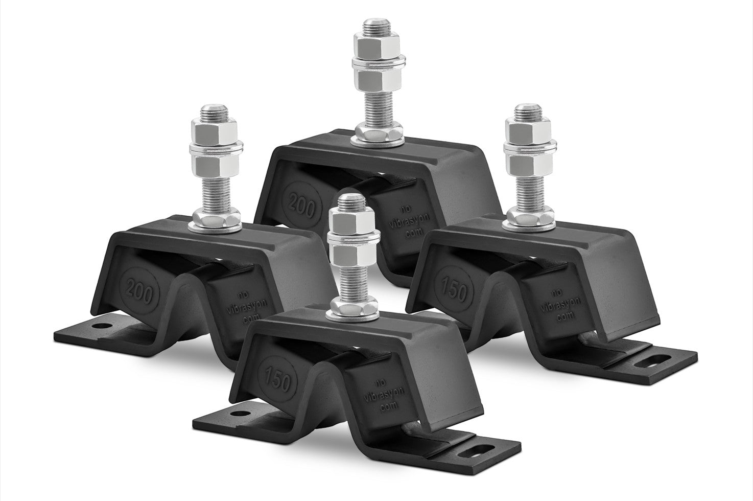 Novibrasyon Marin set of four black rubber and galvanized steel marine engine mounts for Yanmar 4JH engines, two #150 and two #200.