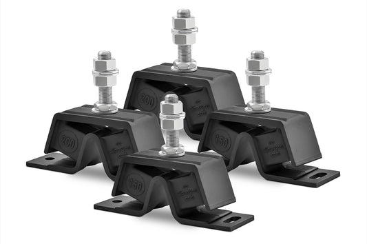 Novibrasyon Marin set of four black rubber and galvanized steel marine engine mounts for Yanmar 4JH engines, two #150 and two #200.