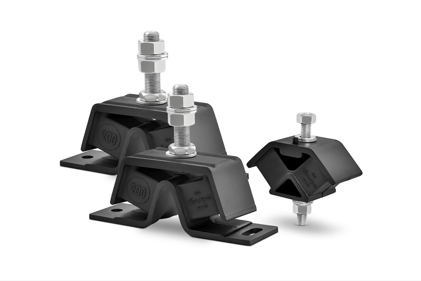 Novibrasyon Marin engine mount set for Yanmar saildrive motors. Black rubber and metal construction with bolts and nuts.