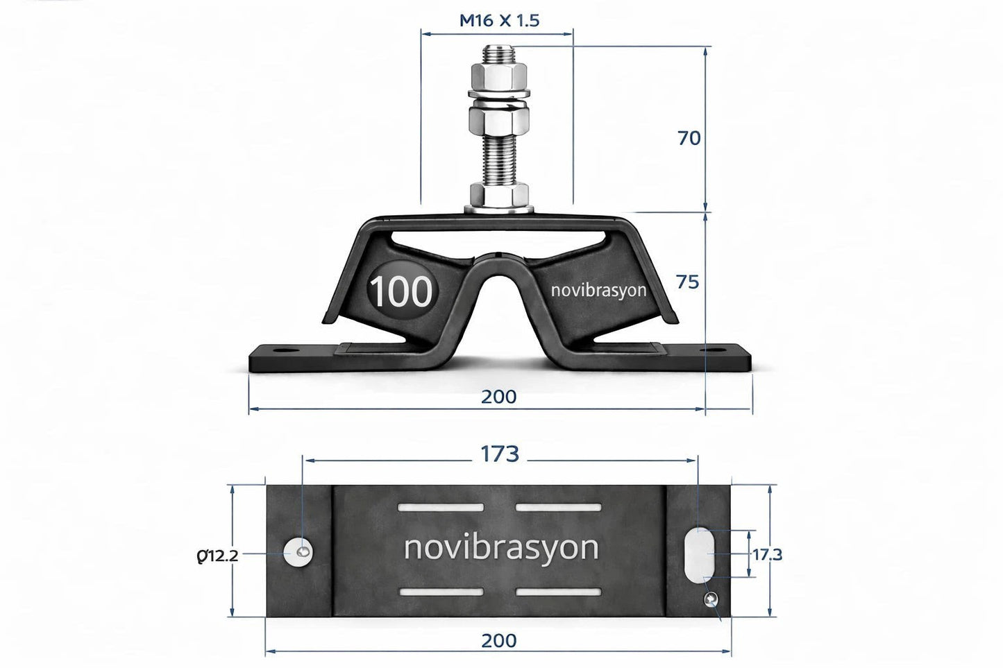 Novibrasyon 100 stainless steel marine engine mount for Yanmar engines. Features a black rubber vibration dampener and metal mounting plates.