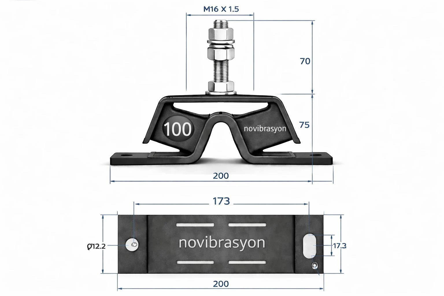 Novibrasyon 100 stainless steel marine engine mount for Yanmar engines. Features a black rubber vibration dampener and metal mounting plates.