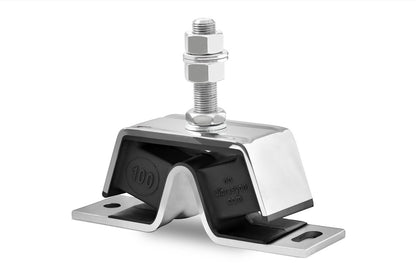 Novibrasyon 100 Stainless marine engine mount for Yanmar engines. Features a polished stainless steel housing and black rubber vibration dampener.