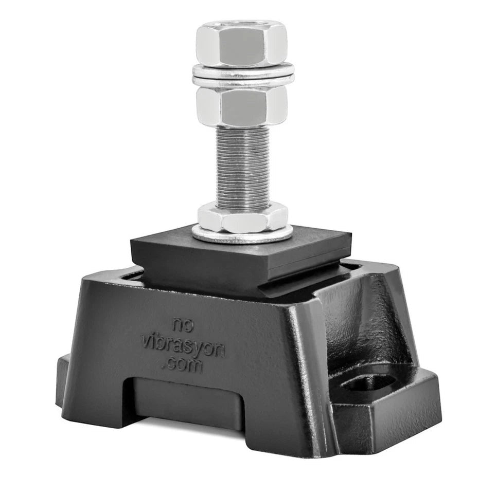 Novibrasyon Marine black aluminum engine mount with rubber isolator and steel bolt for Cummins diesel engines.