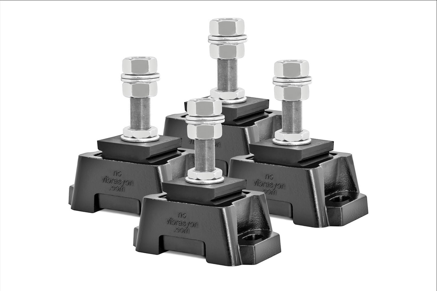 Novibrasyon Marine Engine Mount for Cummins QSM, QSB, QSC, QSL, 6CTA diesel engines. Black aluminum body with rubber isolator and threaded bolt.