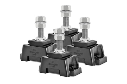 Novibrasyon Marine Engine Mount for Cummins QSM, QSB, QSC, QSL, 6CTA diesel engines. Black aluminum body with rubber isolator and threaded bolt.