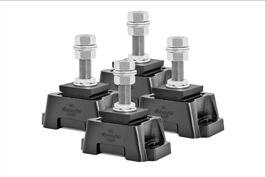 Novibrasyon Marine Engine Mount for Cummins QSM, QSB, QSC, QSL, 6CTA diesel engines. Black aluminum body with rubber isolator and threaded bolt.