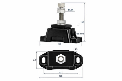 Novibrasyon Marine Engine Mount for Cummins QSM QSB QSC QSL 6CTA, black aluminum body with M24 bolt and dimensions shown.
