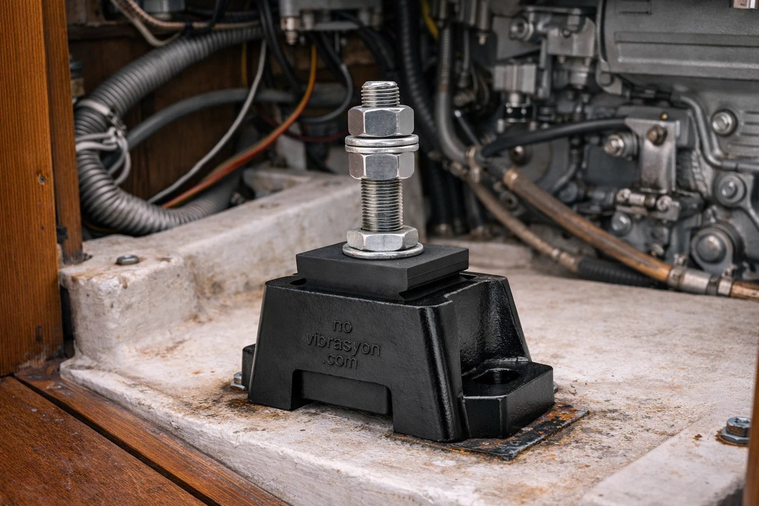 Novibrasyon Marine Engine Mount for Cummins diesel engines, black aluminum body, heavy-duty vibration isolation.