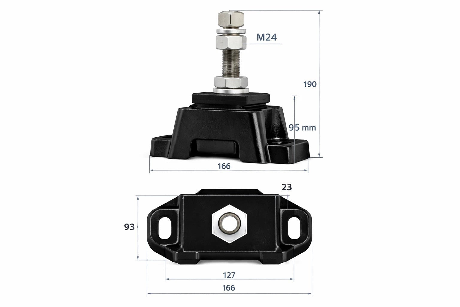 Novibrasyon Marine Engine Mount for Cummins QSM QSB QSC QSL 6CTA, black aluminum body, M24 bolt, dimensions shown.