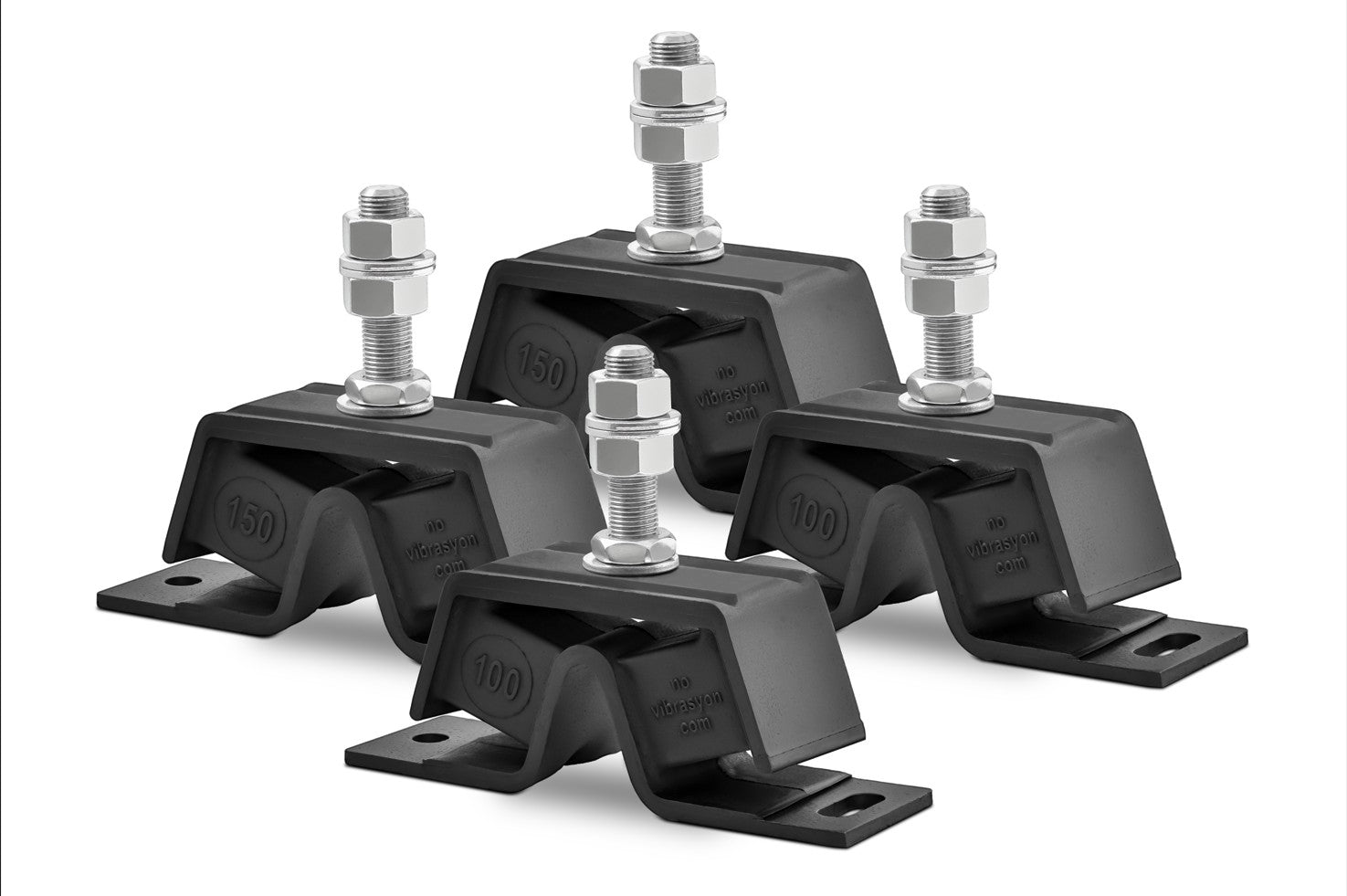 Novibrasyon Marine set of four black rubber and steel engine mounts with bolts and nuts, designed for Yanmar 2GM-3GM-3HM engines.