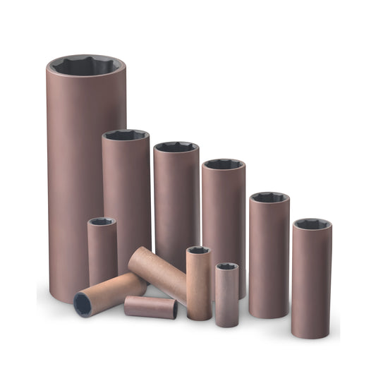 Novibrasyon Marine brown fiber shaft bearings in various sizes, some lying down, some standing.